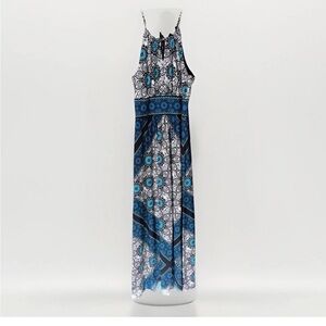 London Times Black White Blue Floral Maxi Dress High Neck Sleeveless Size 12